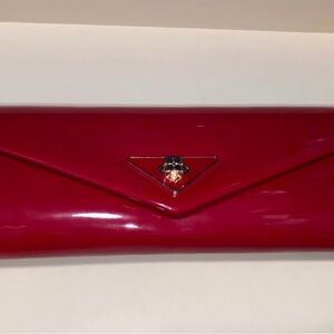 Prada Patent Envelope Clutch in Bright Red with Gold Logo